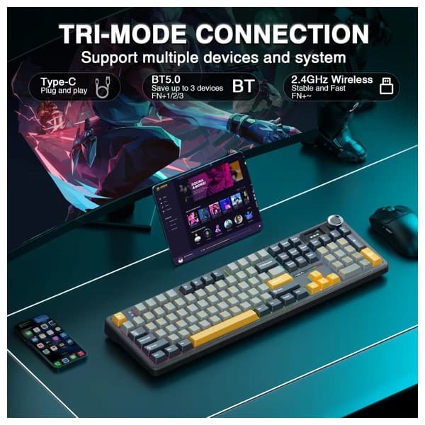 AULA F108 Pro Gray Yellow Reaper Switch Беспроводная Клавиатура məhsul şəkli