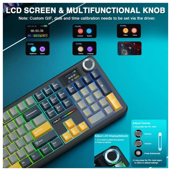 AULA F108 Pro Gray Yellow Reaper Switch Беспроводная Клавиатура məhsul şəkli