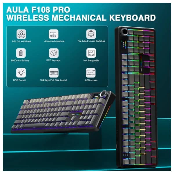 AULA F108 Pro Gradient Gray Zephyr Switch Wireless Keyboard məhsul şəkli