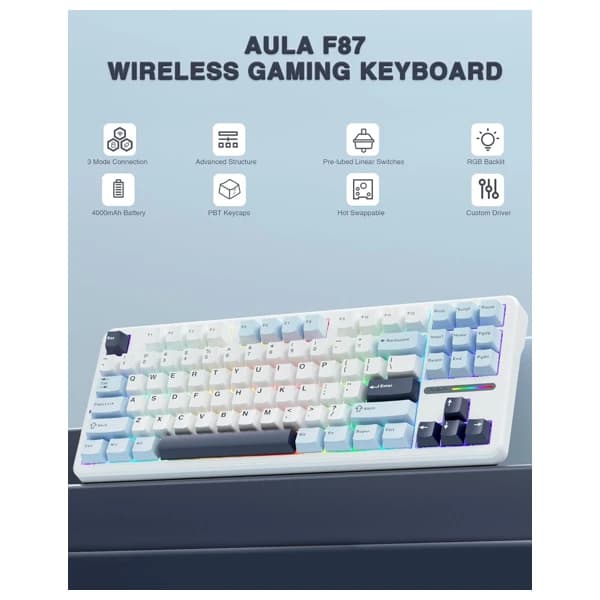 AULA F87 Gasket Gray Wood Switch V3 Mechanical Keyboard məhsul şəkli