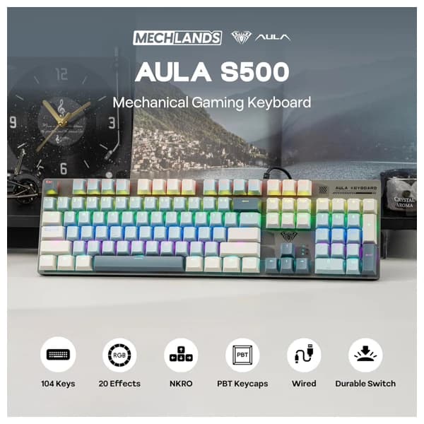 AULA S500 Light Blue Wired Mechanical Gaming Keyboard məhsul şəkli