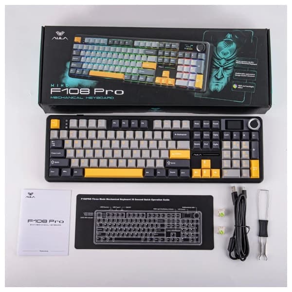 AULA F108 Pro Gray Yellow Reaper Switch Беспроводная Клавиатура məhsul şəkli