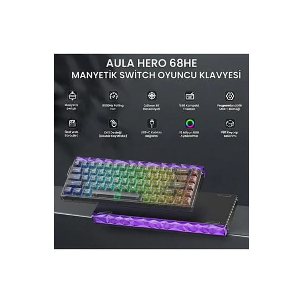 AULA Hero 68 He Black Magnetic Keyboard Jade King Switch məhsul şəkli