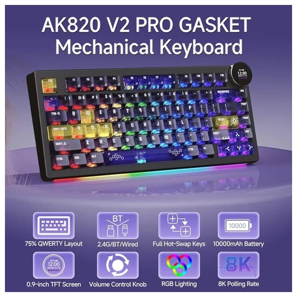 Ajazz AK820 V2 PRO Transparent Purple-Yellow-Dark Purple Keyboard məhsul şəkli