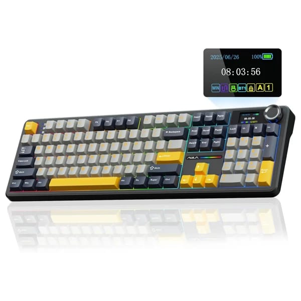 AULA F108 Pro Gray Yellow Reaper Switch Беспроводная Клавиатура məhsul şəkli