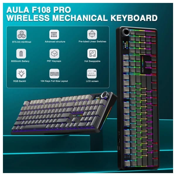 AULA F108 Pro Gradient Gray Zephyr Switch Wireless Keyboard məhsul şəkli