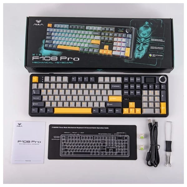 AULA F108 Pro Gray Yellow Reaper Switch Беспроводная Клавиатура məhsul şəkli