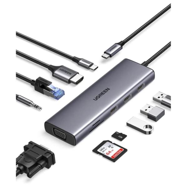 Ugreen USB-C To 3*USB 3.0 A+HDMI+VGA+RJ45 Gigabit+SD/TF+PD Converter CM498 - 15600